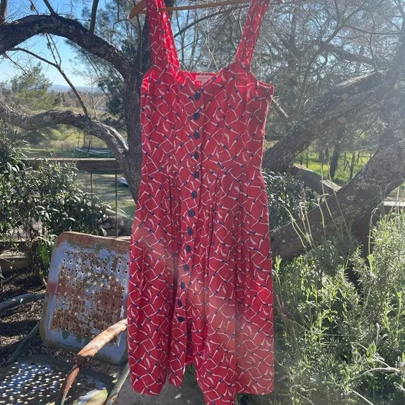 Red diving girl print rockabilly dress with pockets size Medium - Picture 1 of 8